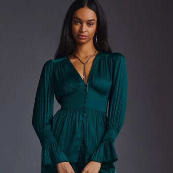 By Anthropologie Deep-V Tunic Button Down Top Green Satin Color Sz. M - Picture 5 of 12
